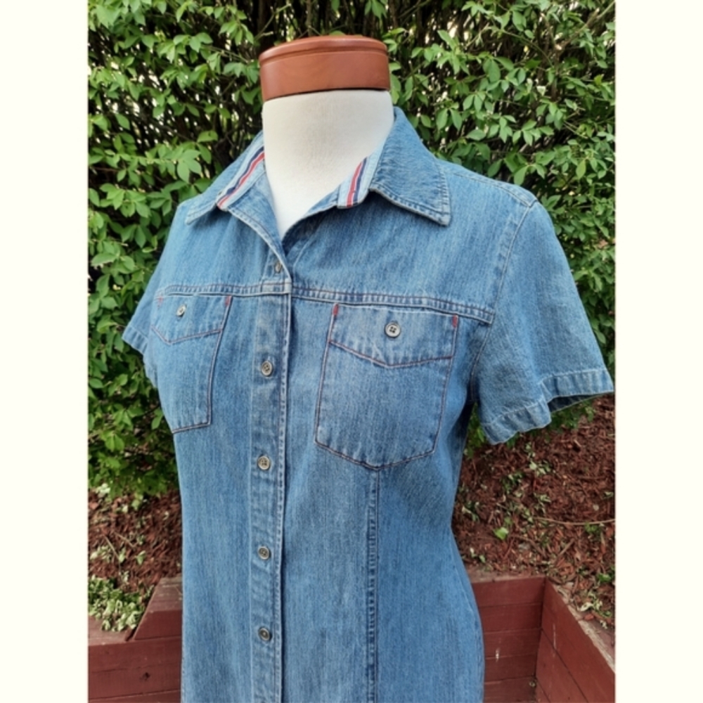 Vintage 80's Talbots Button Down Denim Jean Dress USA Patriotic Ribbon Trim